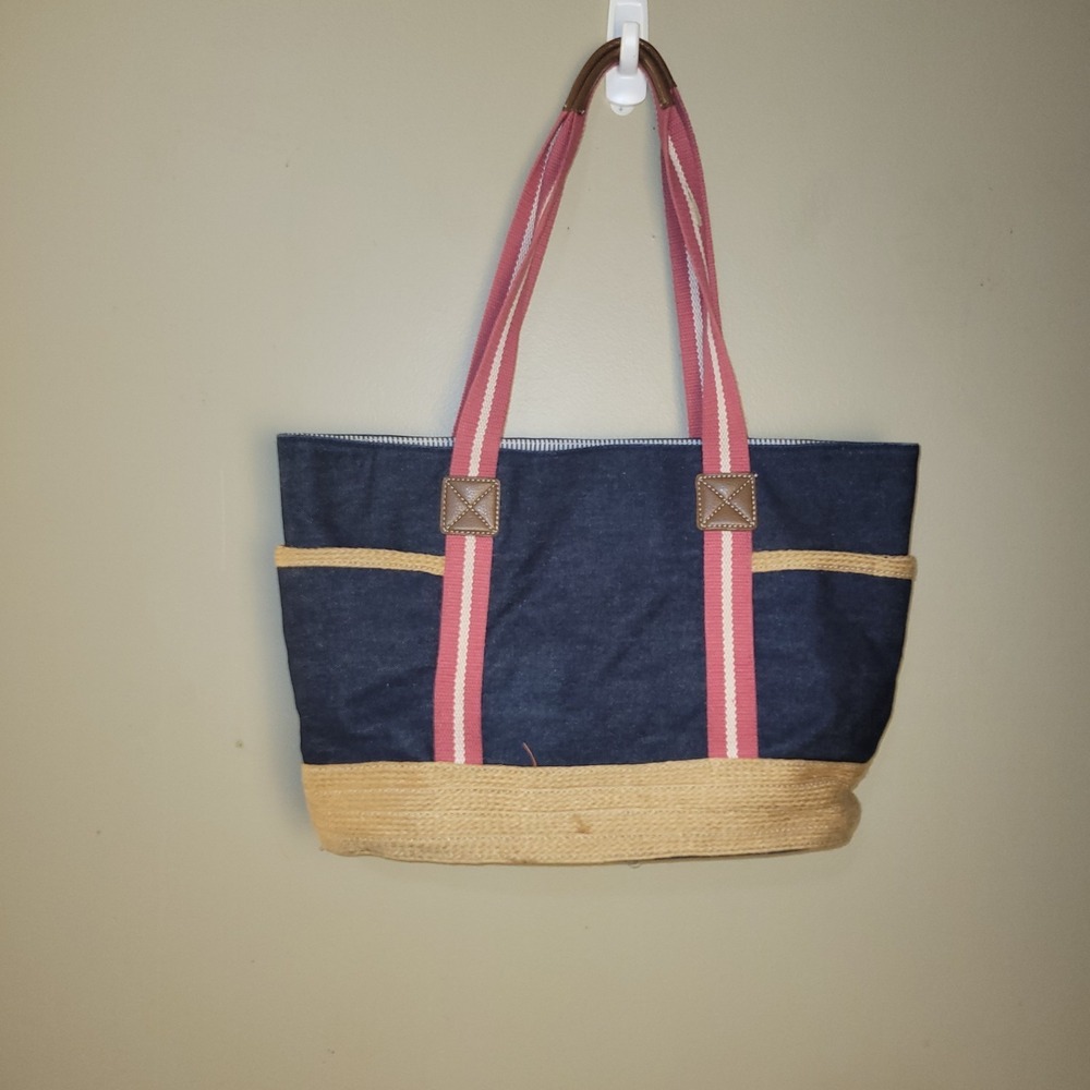 Tommy‎ Hilfiger Tote Bag Womens Denim Straw Pink Striped Handles Large Beach... - Picture 3 of 10